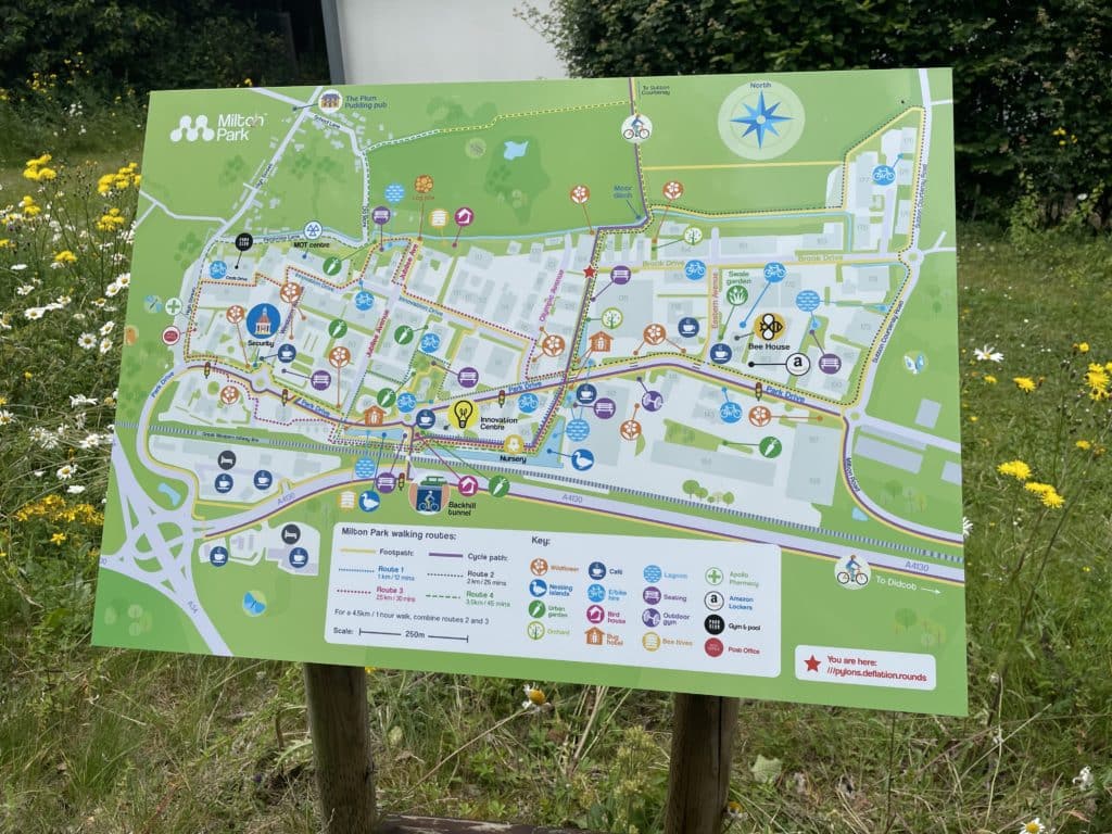 Walking maps across Milton Park point out your current location