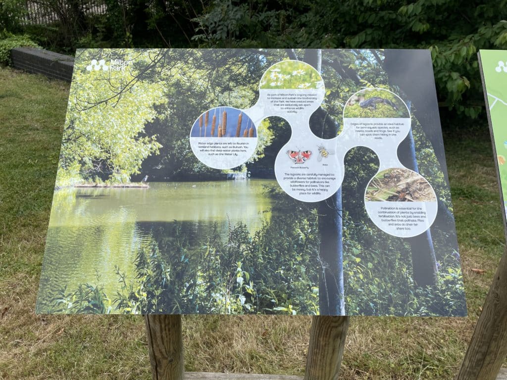 Biodiversity signs around Milton Park highlight the incredible range of wildlife, plants and habitats found across our green spaces